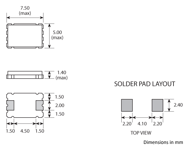 Package footprint and pad configuration drawing for the Golledge GSX-1A Crystal showing full dimensions. Package footprint and pad configuration drawing for the Golledge GSX-1A Crystal showing full dimensions.