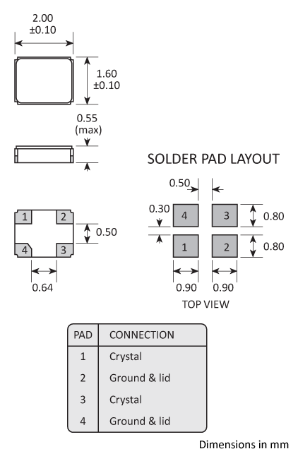 Package footprint and pad configuration drawing for the Golledge 2x1.6mm Crystal showing full dimensions. Package footprint and pad configuration drawing for the Golledge 2x1.6mm Crystal showing full dimensions.