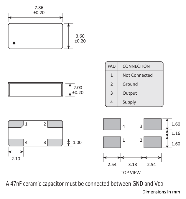 Package footprint and pad configuration drawing for the Golledge 7.9 x 3.6 x 2.2mm Oscillator Package footprint and pad configuration drawing for the Golledge 7.9 x 3.6 x 2.2mm Oscillator