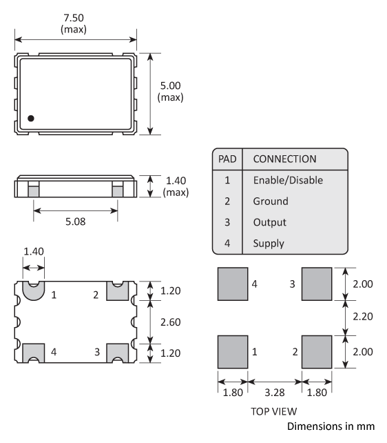 Package footprint and pad configuration drawing for the Golledge 7050 h=1.4mm 4-pad Oscillator showing full dimensions. Package footprint and pad configuration drawing for the Golledge 7050 h=1.4mm 4-pad Oscillator showing full dimensions.