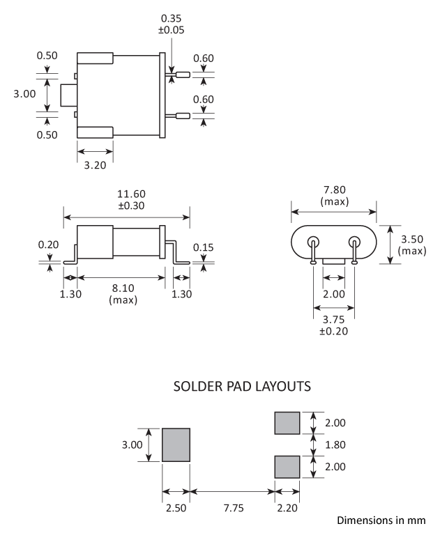 Package footprint and pad configuration drawing for the Golledge UM-1J Crystal showing full dimensions.