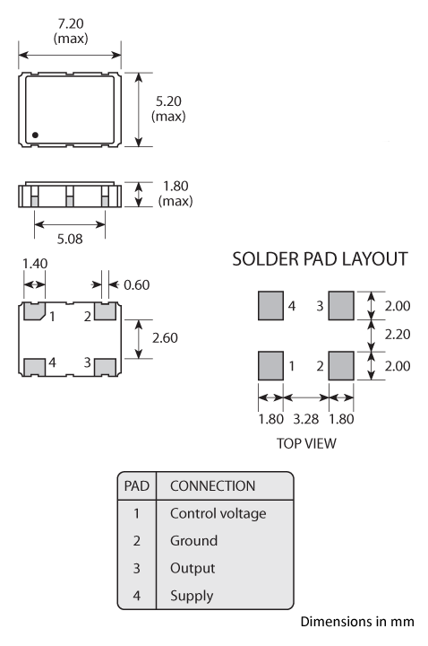 Package footprint and pad configuration drawing for the Golledge GVXO-753D VCXO showing full dimensions.