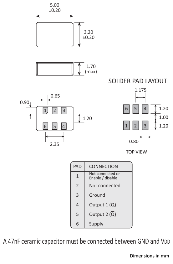 Package footprint and pad configuration drawing for the Golledge MCSO2L Oscillator showing full dimensions. Package footprint and pad configuration drawing for the Golledge MCSO2L Oscillator showing full dimensions.