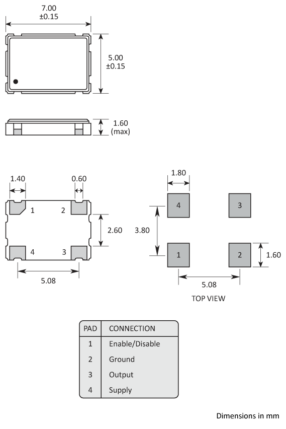 Package footprint and pad configuration drawing for the Golledge GXO-7504 Oscillator showing full dimensions. Package footprint and pad configuration drawing for the Golledge GXO-7504 Oscillator showing full dimensions.