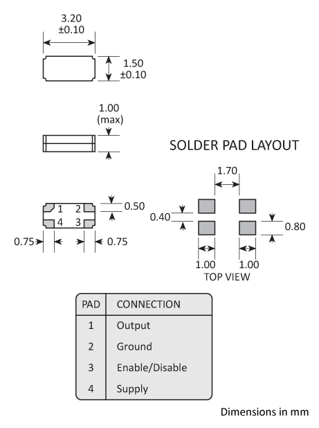 Package footprint and pad configuration drawing for the Golledge OV7604C7 Oscillator showing full dimensions. Package footprint and pad configuration drawing for the Golledge OV7604C7 Oscillator showing full dimensions.