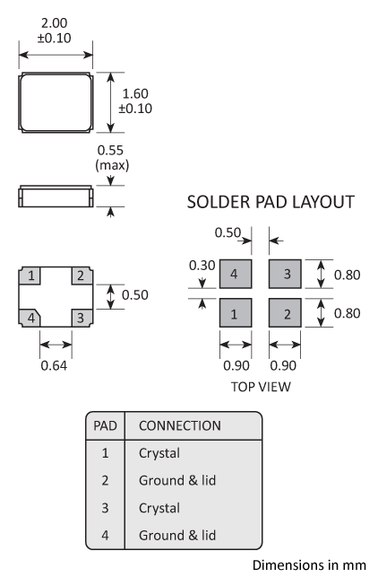 Package footprint and pad configuration drawing for the Golledge 2x1.6mm Crystal showing full dimensions.