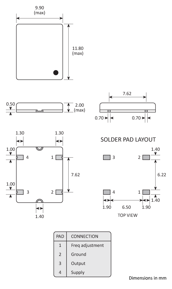 Package footprint and pad configuration drawing for a 10x12 Golledge TCXO showing full dimensions.