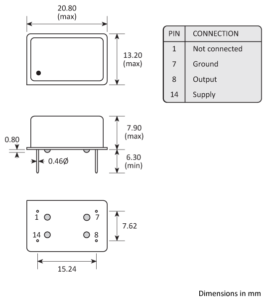 Package footprint and configuration drawing for Golledge DIL-14 TCXOs showing full dimensions. Package footprint and configuration drawing for Golledge DIL-14 TCXOs showing full dimensions.