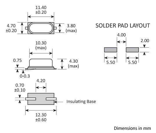 Package footprint and pad configuration drawing for the Golledge GSX49-4 Crystal showing full dimensions. Package footprint and pad configuration drawing for the Golledge GSX49-4 Crystal showing full dimensions.