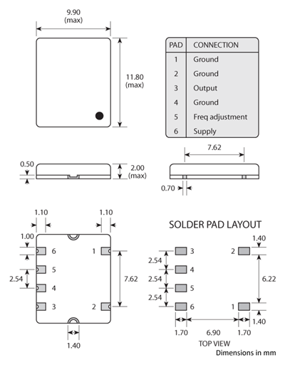 Package footprint and pad configuration drawing for the Golledge 10x12 smd TCXO showing full dimensions.