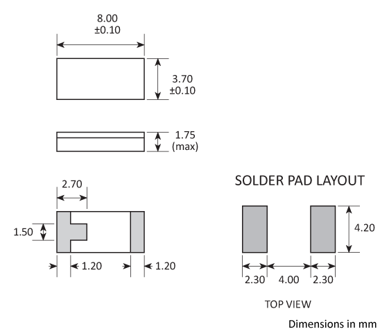 Package footprint and pad configuration drawing for the Golledge CC1A Crystal showing full dimensions.