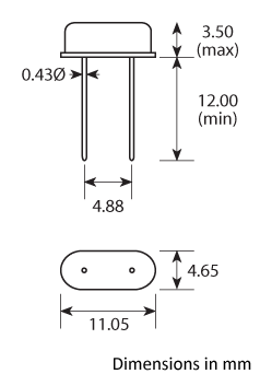 Package footprint and pad configuration drawing for the Golledge HC49-4H Crystal showing full dimensions. Package footprint and pad configuration drawing for the Golledge HC49-4H Crystal showing full dimensions.