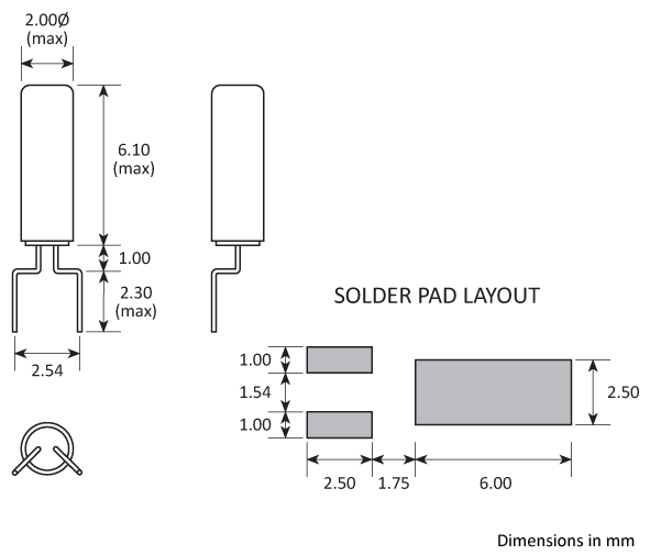 Package footprint drawing for the Golledge 2x6 SMD cylinder package