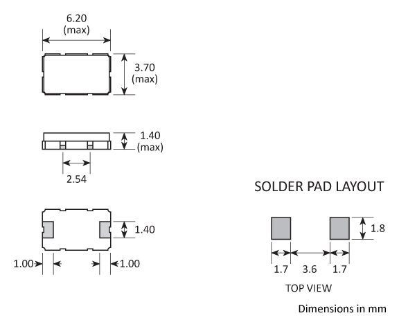 Package footprint and pad configuration drawing for the Golledge GSX-7A Crystal showing full dimensions. Package footprint and pad configuration drawing for the Golledge GSX-7A Crystal showing full dimensions.