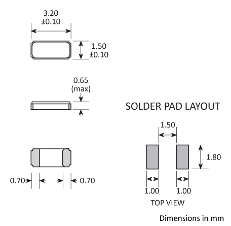 Package footprint and pad configuration drawing for the Golledge CC7 Crystals showing full dimensions. Package footprint and pad configuration drawing for the Golledge CC7 Crystals showing full dimensions.
