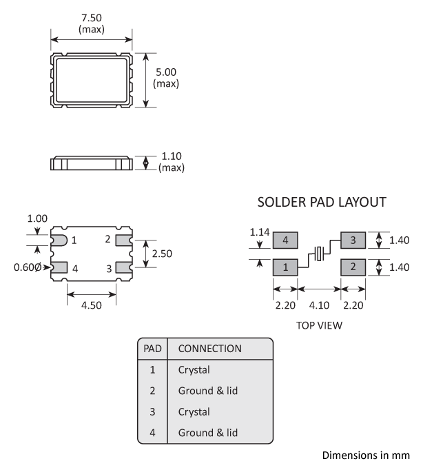 Package footprint and pad configuration drawing for the Golledge 7x5 4-pad Crystal showing full dimensions. Package footprint and pad configuration drawing for the Golledge 7x5 4-pad Crystal showing full dimensions.