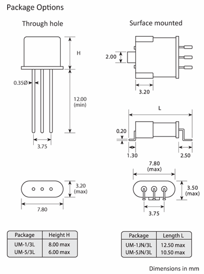 Package footprint and configuration drawing for UM-1 and UM-5 Crystal filters showing SMD options