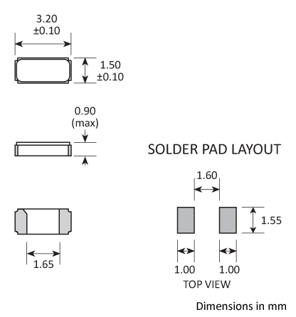 Package footprint and pad configuration drawing for the Golledge GRX-315 / GRX-315 Crystal showing full dimensions. Package footprint and pad configuration drawing for the Golledge GRX-315 / GRX-315 Crystal showing full dimensions.