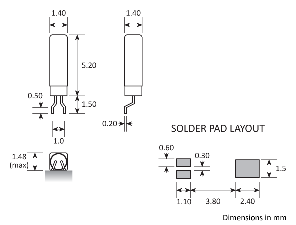 Package footprint and pad configuration drawing for the Golledge MS3V-T1R Crystal showing full dimensions.