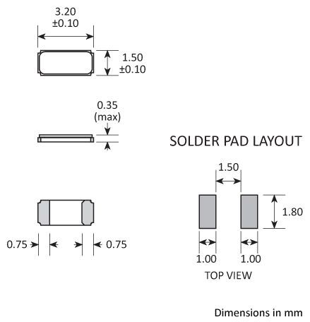 Package footprint and pad configuration drawing for the Golledge CC7 Crystals showing full dimensions. Package footprint and pad configuration drawing for the Golledge CC7 Crystals showing full dimensions.