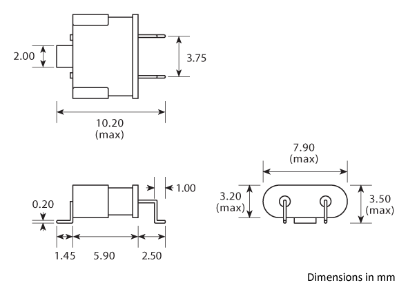 Package footprint and pad configuration drawing for the Golledge UM-5J Crystal showing full dimensions. Package footprint and pad configuration drawing for the Golledge UM-5J Crystal showing full dimensions.