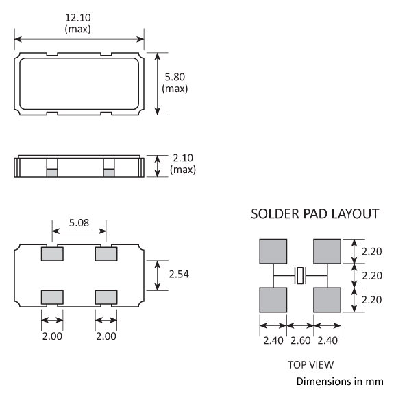 Package footprint and pad configuration drawing for the Golledge GSX-11 Crystal showing full dimensions.