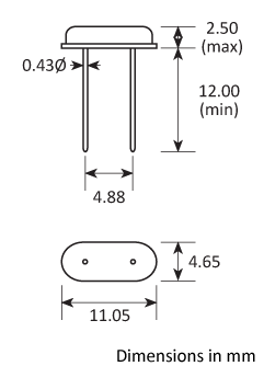 Package footprint and pad configuration drawing for the Golledge HC49-3H Crystal showing full dimensions. Package footprint and pad configuration drawing for the Golledge HC49-3H Crystal showing full dimensions.