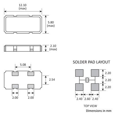 Package footprint and pad configuration drawing for the Golledge GSX-11 Crystal showing full dimensions.