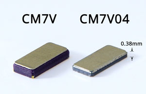 Comparison of the original CM7V watch crystal and teh new low-profile CM7V04 watch crystal with height of only 0.38mm.