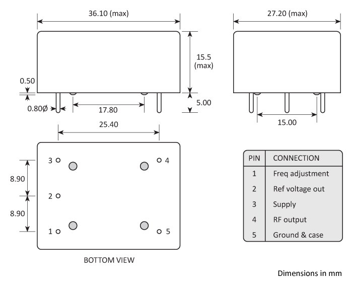 Package footprint and pad configuration drawing for the Golledge HCD300 series OCXOs showing full dimensions.