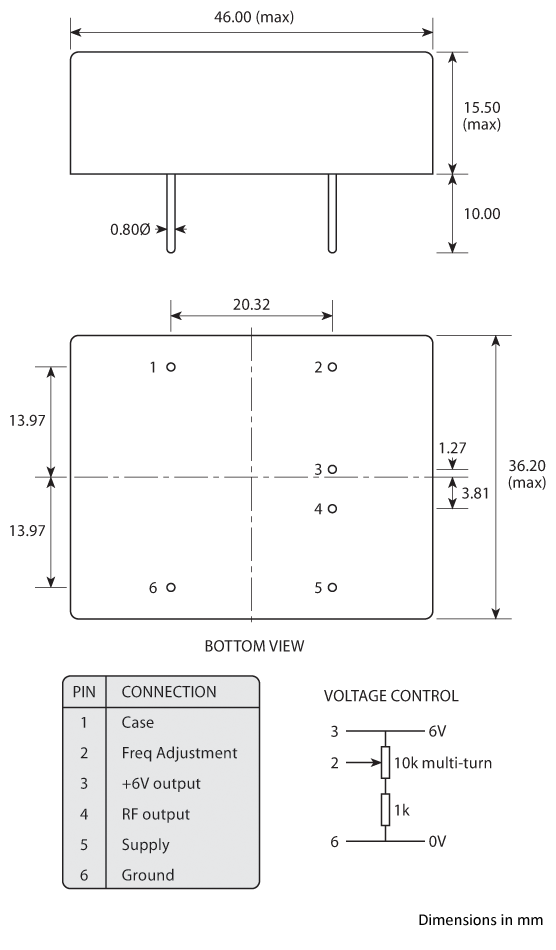 Package footprint and pad configuration drawing for the Golledge HCD 46x36 OCXO showing full dimensions.