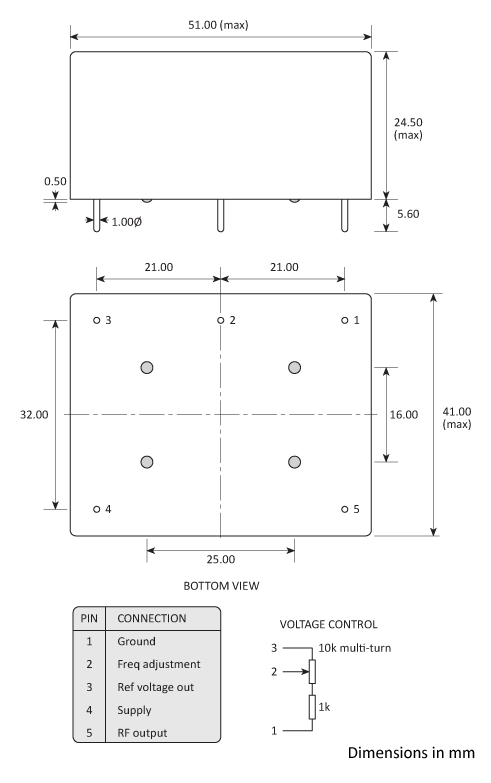 Package footprint and pad configuration drawing for the Golledge HCD660 series OCXOs.