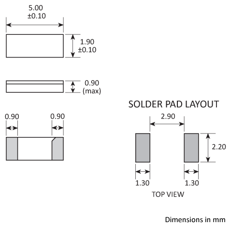 Package footprint and pad configuration drawing for the Golledge CC4V-T1A Crystal showing full dimensions. Package footprint and pad configuration drawing for the Golledge CC4V-T1A Crystal showing full dimensions.