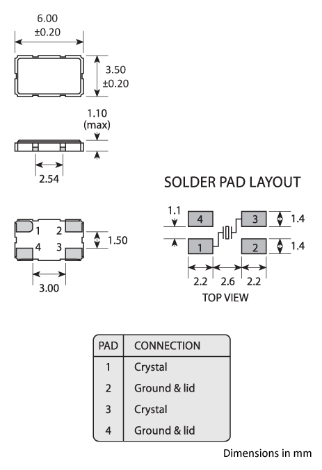 Package footprint and pad configuration drawing for the Golledge GSX-6B Crystal showing full dimensions. Package footprint and pad configuration drawing for the Golledge GSX-6B Crystal showing full dimensions.
