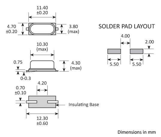 Package footprint and pad configuration drawing for the Golledge GSX49-4 Crystal showing full dimensions.
