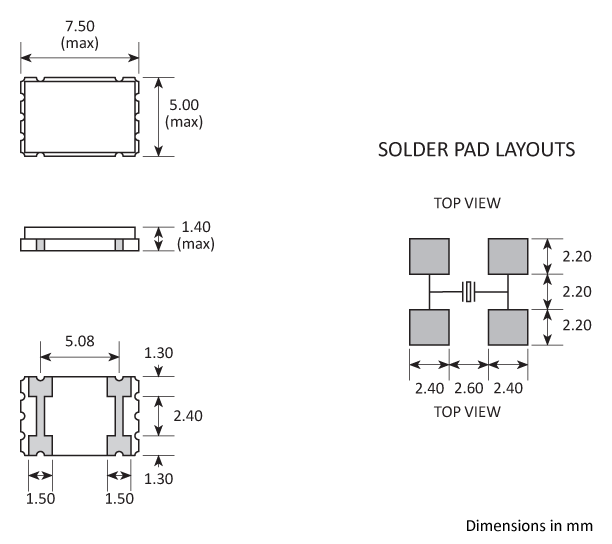 Package footprint and pad configuration drawing for the Golledge GSX-1C Crystal showing full dimensions. Package footprint and pad configuration drawing for the Golledge GSX-1C Crystal showing full dimensions.
