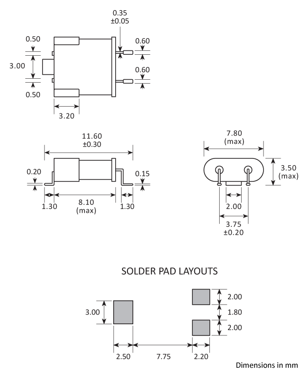 Package footprint and pad configuration drawing for the Golledge UM-1J Crystal showing full dimensions. Package footprint and pad configuration drawing for the Golledge UM-1J Crystal showing full dimensions.