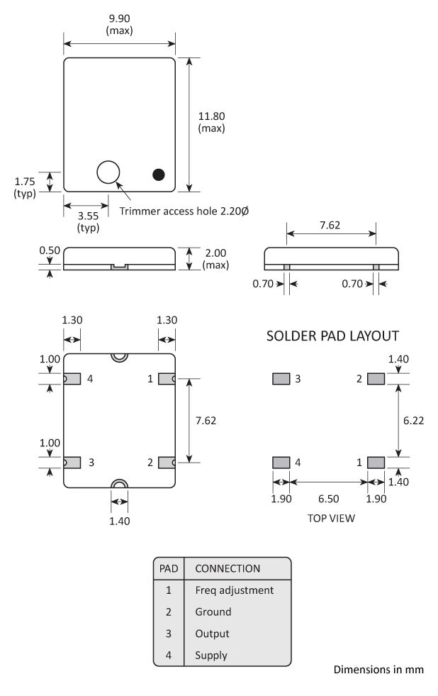 Package footprint and pad configuration drawing for the Golledge GTXO-560V TCXO showing full dimensions.