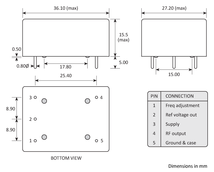 Package footprint and pad configuration drawing for the Golledge HCD300 series OCXOs showing full dimensions. Package footprint and pad configuration drawing for the Golledge HCD300 series OCXOs showing full dimensions.