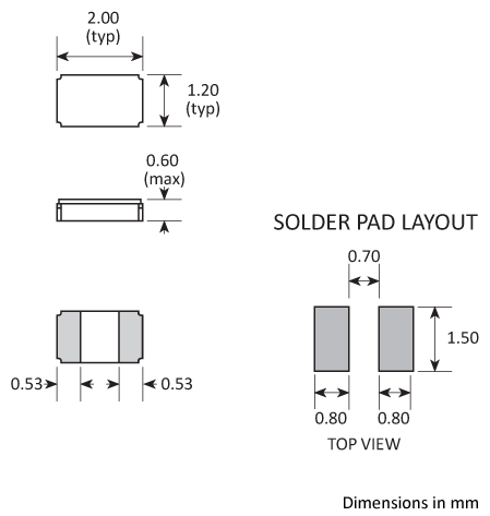 Package footprint and pad configuration drawing for the Golledge CM8 Crystals showing full dimensions. Package footprint and pad configuration drawing for the Golledge CM8 Crystals showing full dimensions.