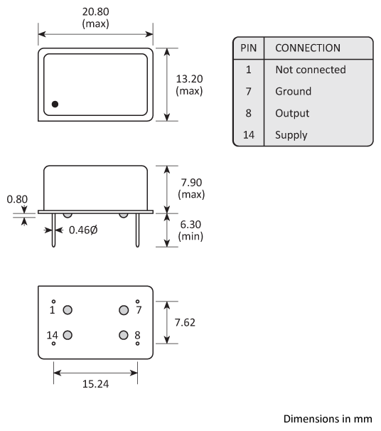 Package footprint and configuration drawing for Golledge DIL-14 TCXOs showing full dimensions.