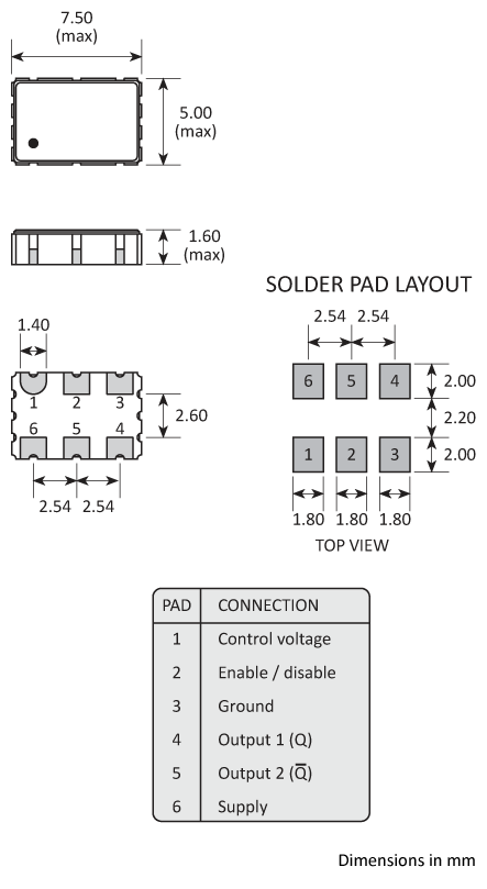 The package drawing for the GVXO-E76L and the GVXO-L76L shows the miniature ceramic package of these high frequency voltage controlled oscillators.