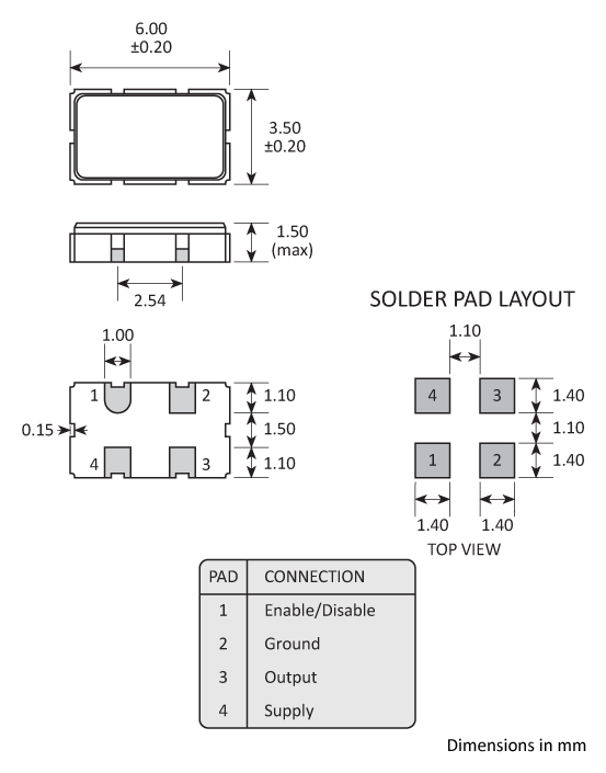 Package footprint and 4-pad Golledge 6x3.5x1.5 Oscillator showing full dimensions. Package footprint and 4-pad Golledge 6x3.5x1.5 Oscillator showing full dimensions.