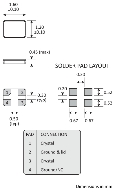 Package footprint and pad configuration drawing for the Golledge 1.6x1.2mm Crystal showing full dimensions.