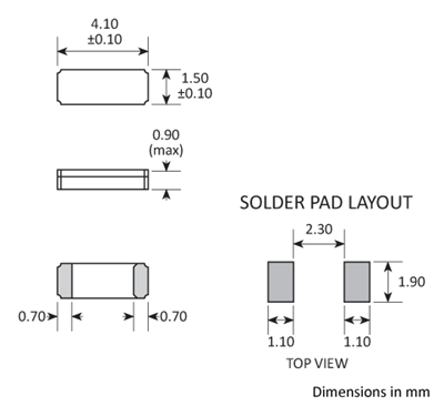 Package footprint and pad configuration drawing for the Golledge CC5V-T1A Crystal showing full dimensions.