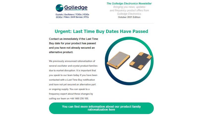 Featuring urgent news following our recent last time buy updates, read the October 2021 edition of the Golledge newsletter here.