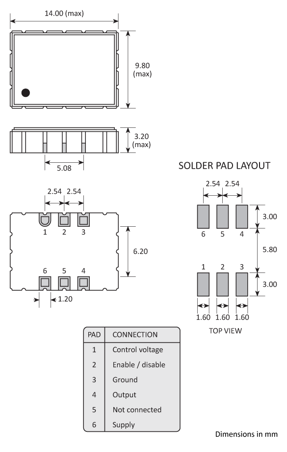 Package footprint and pad configuration drawing for the Golledge GVXO-27S VCXO showing full dimensions.